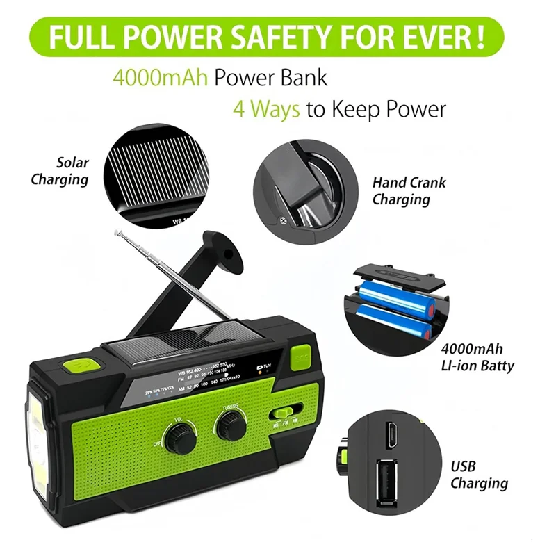 

-A90P Emergency Weather Radio,Solar Charging, 3 LED Flashlights, LED Induction Reading Lamp, SOS Alarm, Rechargeable For Us