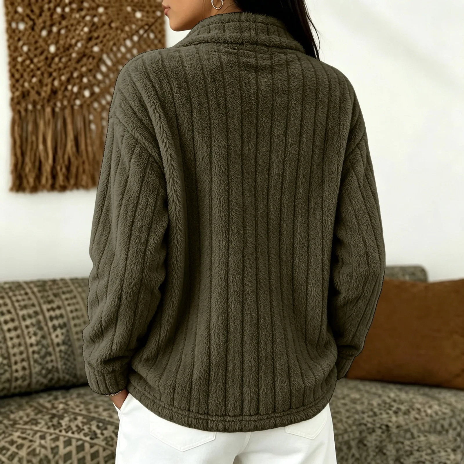 Women's Autumn Winter Turn Collar Ribbed Fleece-lined Warm Zip-up Long-sleeved Sweatshirt
