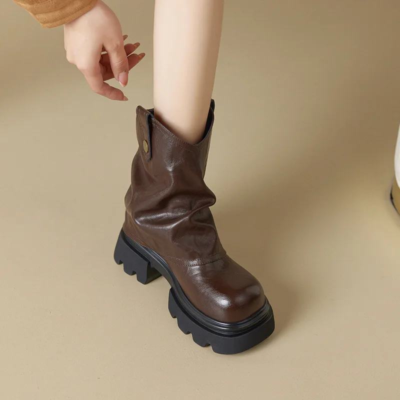 

Thick soled short boots for Spring and Autumn 2025 new short tube retro brown stacking boots western boots