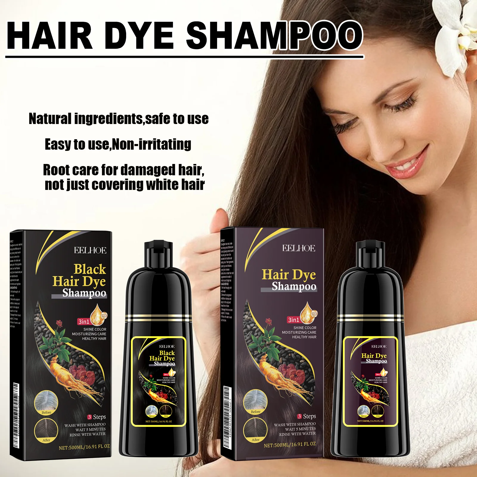 

Natural Herbal Hair Dye Shampoo 3 in 1 Change Hair Color Gray Hair to Dark Brown Black Deep Nourishing Fashion Hair Care Product