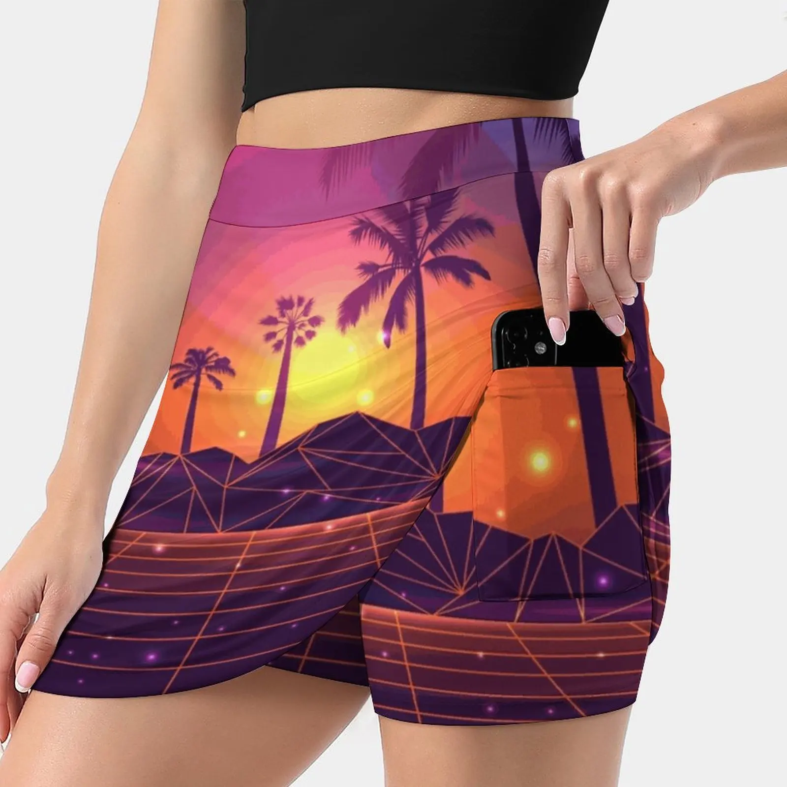 Sunset Synthwave State Of Mind Tennis Golf Skirt Sexy A-Line Harajuku Shorts Skirt With Phone Pockets Skort Synthwave Retrowave