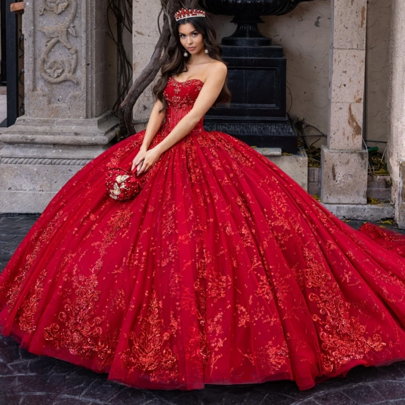 

Red Shiny Quinceanera Dresses Ball Gown Off The Shoulder Applique Lace Beads Tull Sweet 16 Dress Vestidos 15 De Anos