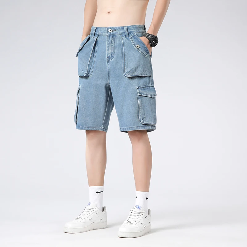 韓国クラシック Y2K マルチポケットカーゴパンツカジュアルショーツ夏の新デニムショーツだぶだぶのジーンズ薄いトレンディな弾性ウエストオーバーオール