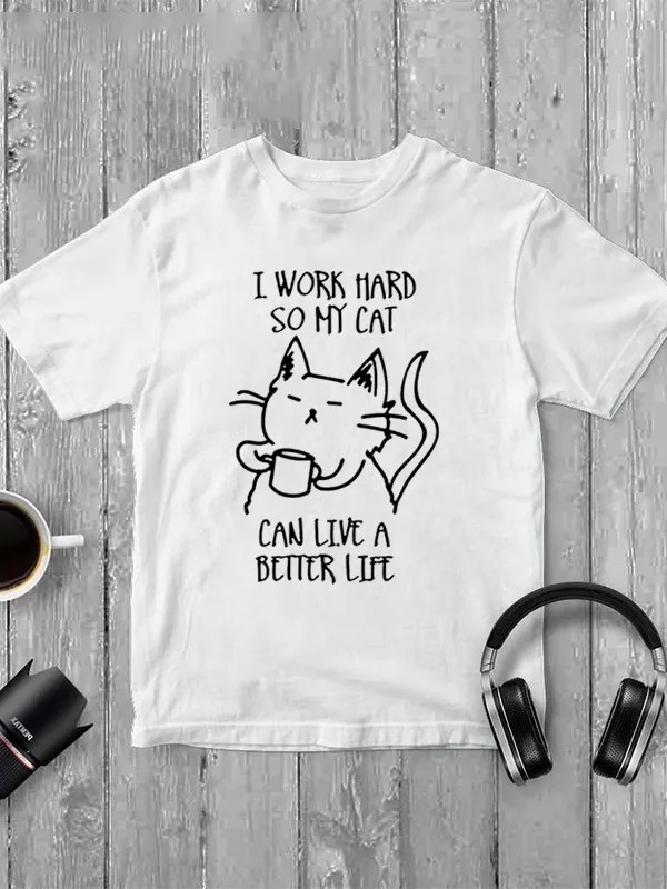 Relaxed English-style Cute Cat Print Short-sleeved T-shirt with Interesting Words Short-sleeved Retro Children's and Adult Shirt