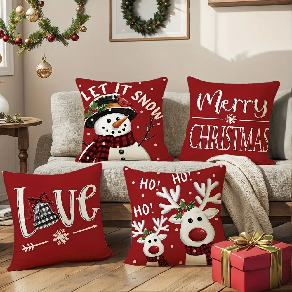 4-Piece 18X18 Inch Red Christmas Pillow Set Farmhouse Style Snowman Deer Pattern, Zippered Polyester Fiber Cushion Set, Sofa