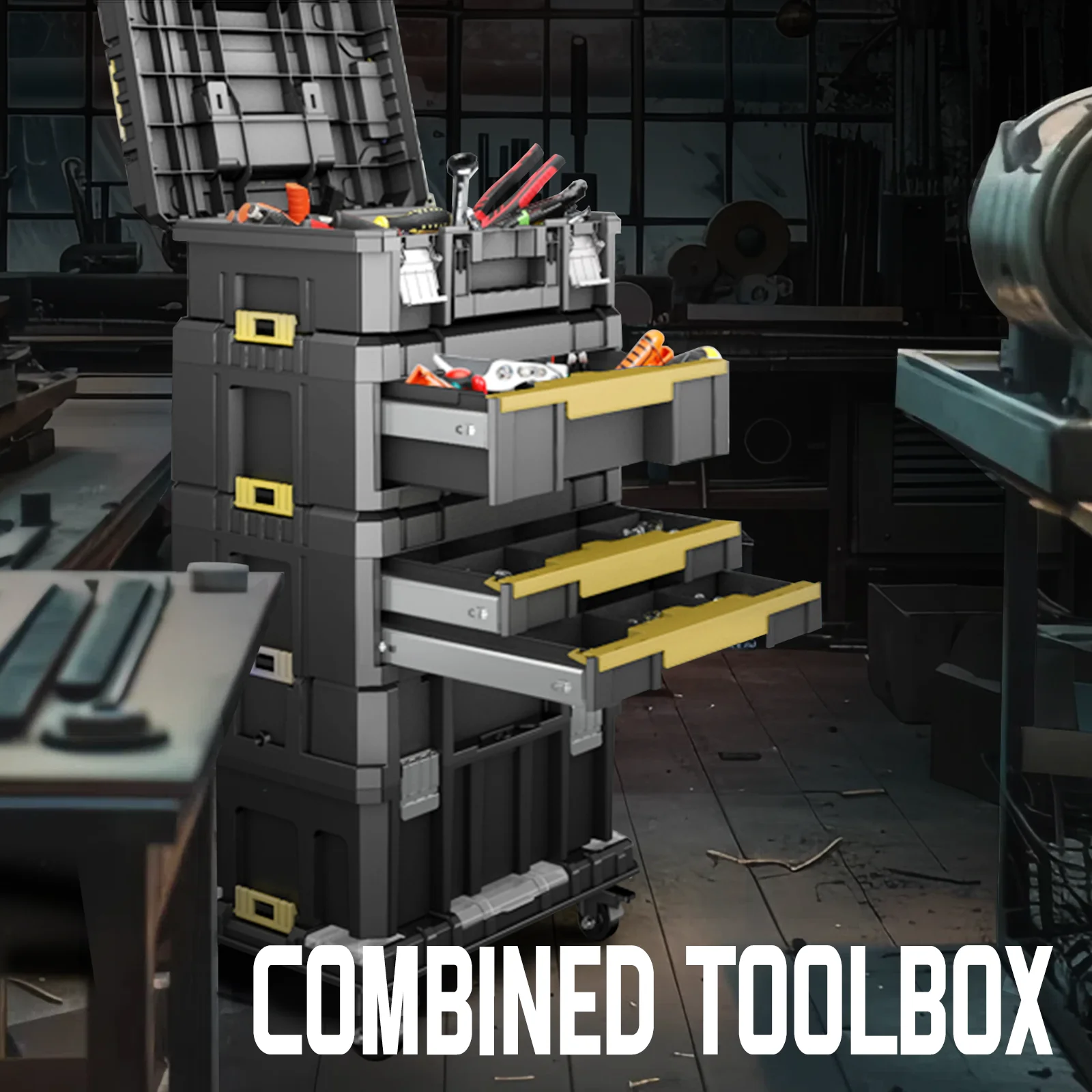 AIRAJ Stackable Tool Boxs  FlatTop Lockable Storage Tote Toll Storage Drill Driver Wrench Hammer Angle Grinder With pulleys BOX