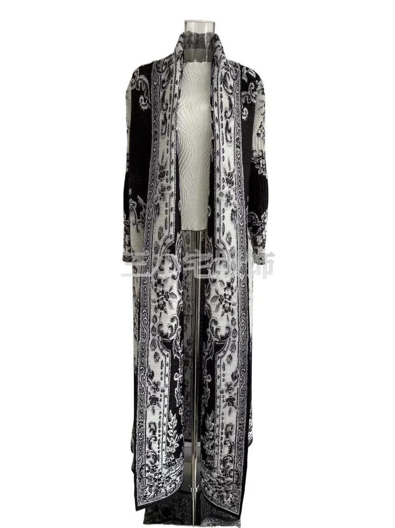 

ALSEY Miyake Long Sleeve Printed Dress Windbreak Women 2024 Winter New Original Designer Abayas Turndown Collar Belted Coats