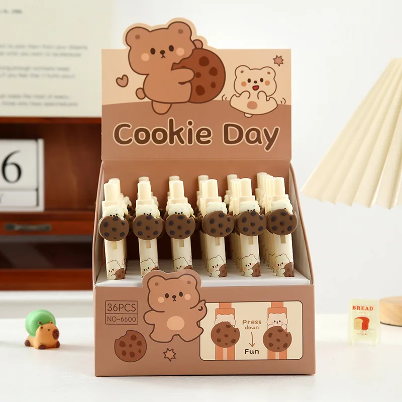 

36 шт., пресс-ручка для печенья с медведем, милая забавная ручка с боковым прессом, нейтральная ручка для девочек, мягкий клей, фирменные канцелярские принадлежности для студентов
