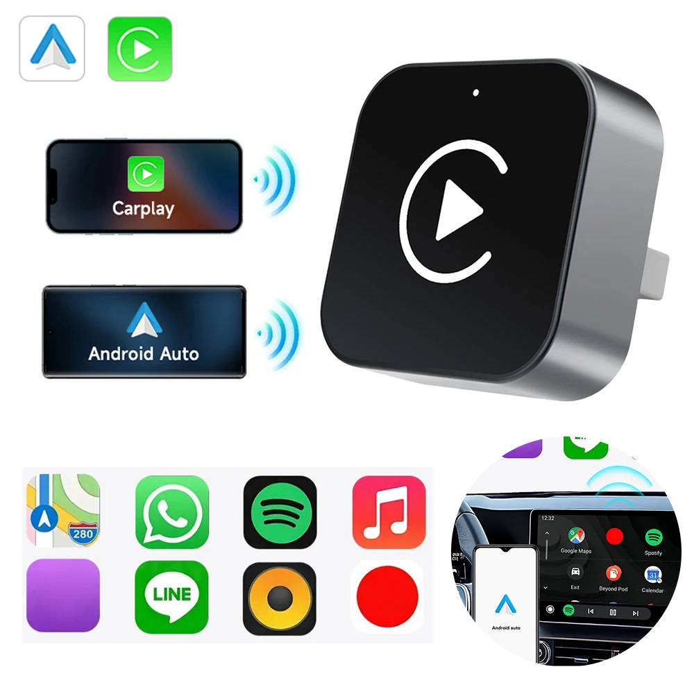 2 في 1 لاسلكي CarPlay Android Auto Adapter Plug & Play تحويل سلكي إلى دونجل لاسلكي للسيارات السلكية CarPlay السلكية