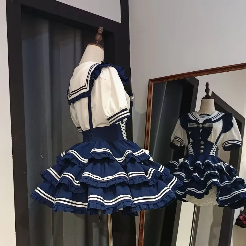 Ensemble d'uniforme d'université d'été, col marin, nœud, haut à manches courtes, bretelles taille haute, jupe Pong, ensemble deux pièces pour fille douce
