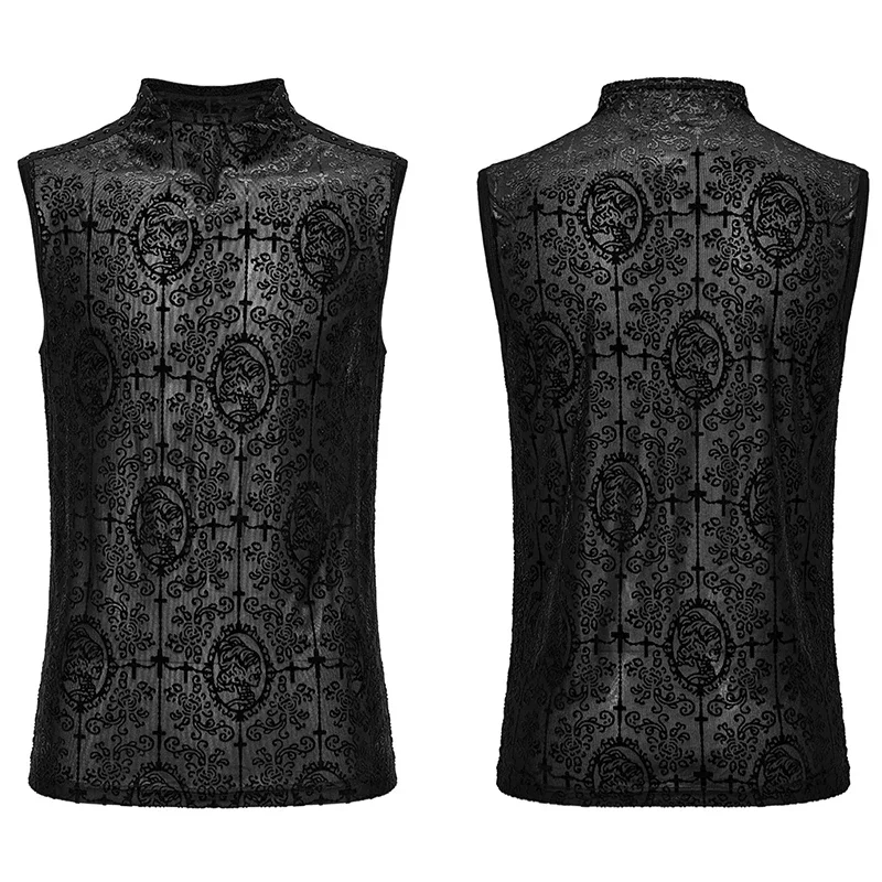 PUNK RAVE Men\'s Gothic Gorgeous Flocked Pattern Mesh Tank Top Minimalist Dark Sexy Handsome Tops Streetwear Summer