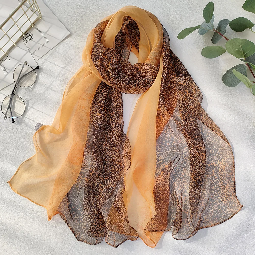 Klasyczny styl gradientowy lampart kobiety Foulard elegancka szyfonowa żorżeta chustka szalik letnia plaża ochrona przed słońcem cienka