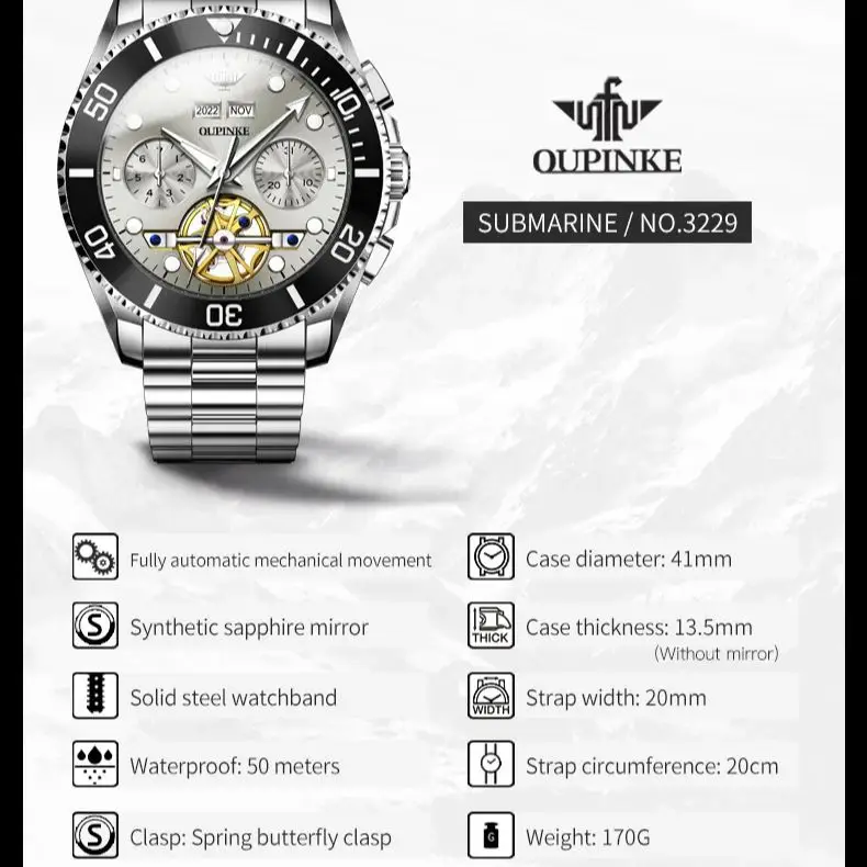 OUPINKE Tourbillon Design Automatic Watch for Men Sapphire Mirror Waterproof Date Solid Strap TOP Luxury Brand Man Hand Clock