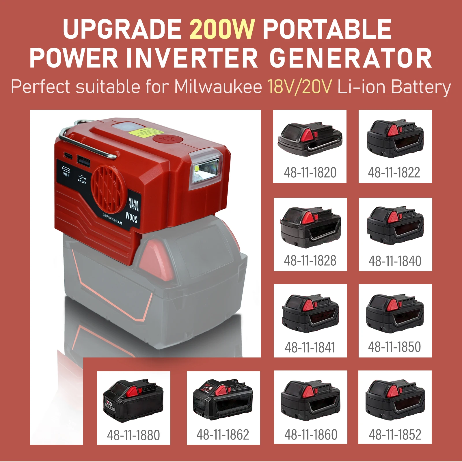 Imagem -02 - Inversor de Energia para Bateria Milwaukee Adaptador de Energia Senoidal Modificado Luz de Trabalho Led Porta Usb tipo c ca 120v 220v 200w