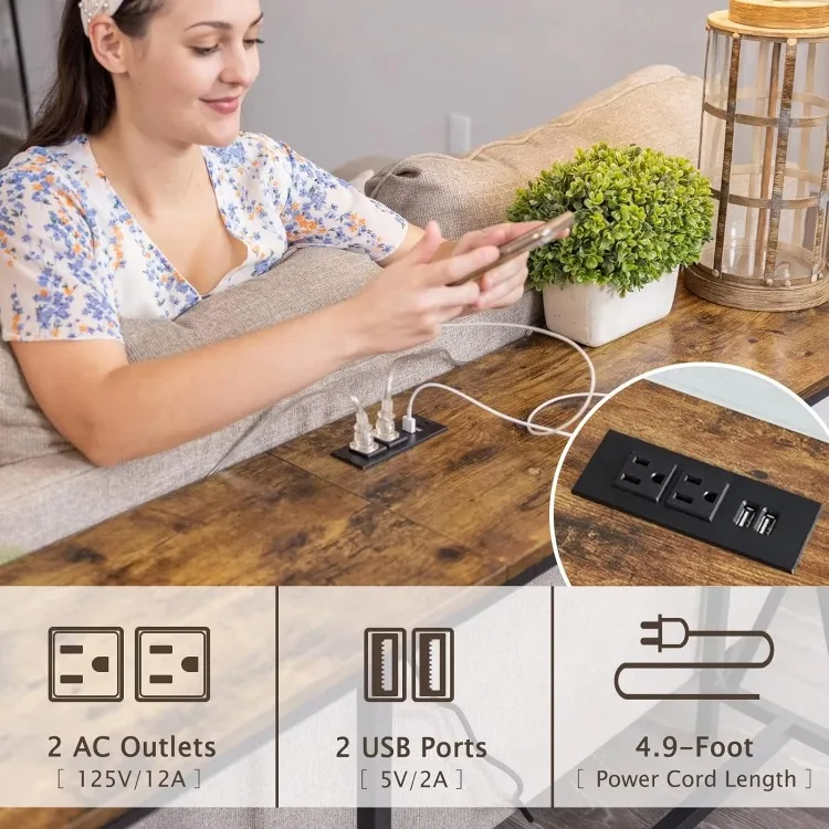 70 Inch Console Table with 2 Outlet and 2 USB Ports, Extra Long Entryway Table with Metal Frame and X-Shaped Design