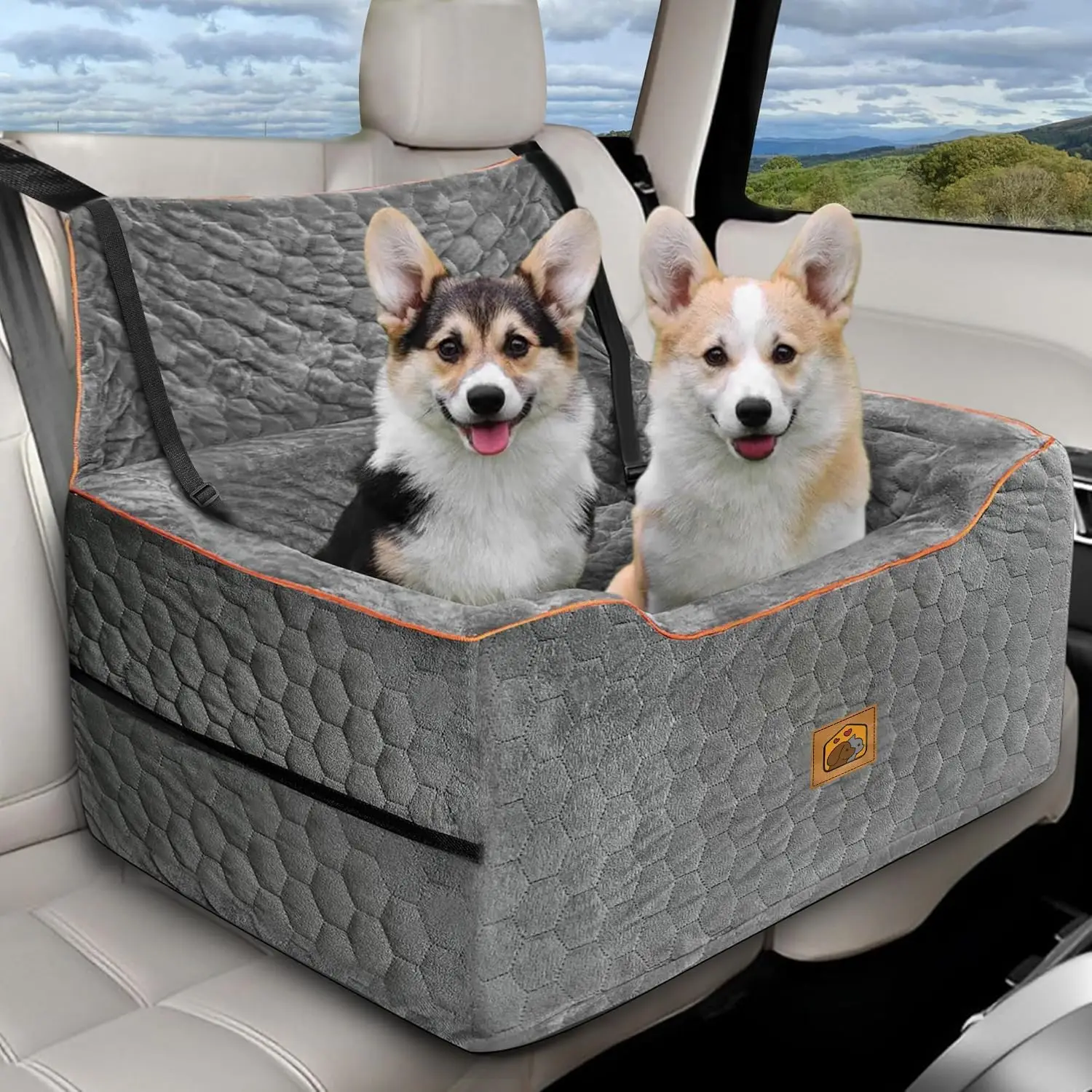 Comfortable Dog Car Seat for Medium/Large Pets Under 60 lbs, Thick Cushion with Safety Leashes