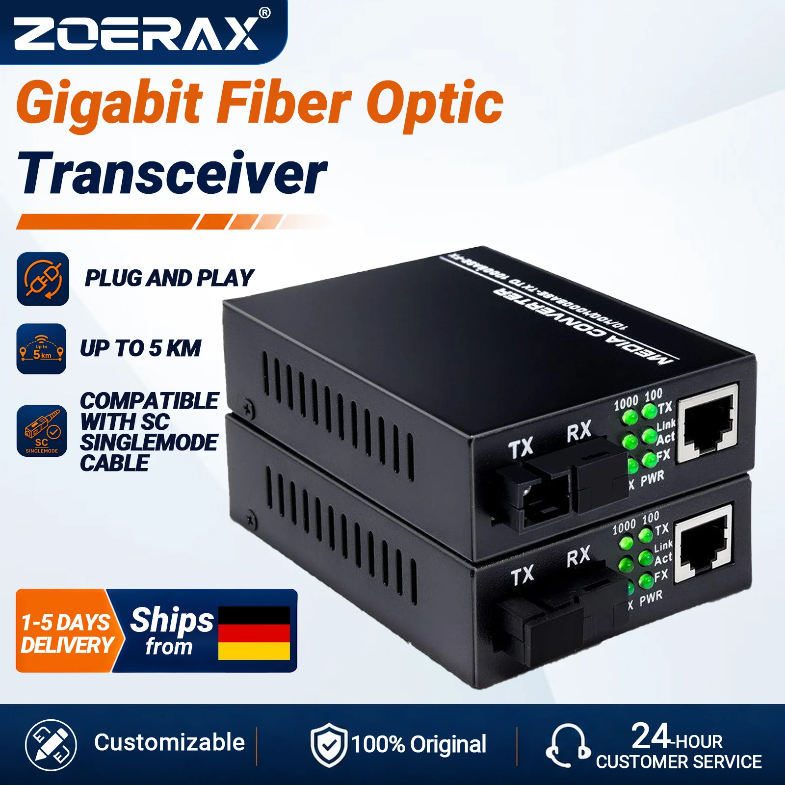 ZoeRax Ein Paar SFP+ Glasfaser-Medienkonverter SC Singlemode zu 10/100/1000M Gigabit RJ45 Port Optischer Transceiver mit Metallgehäuse