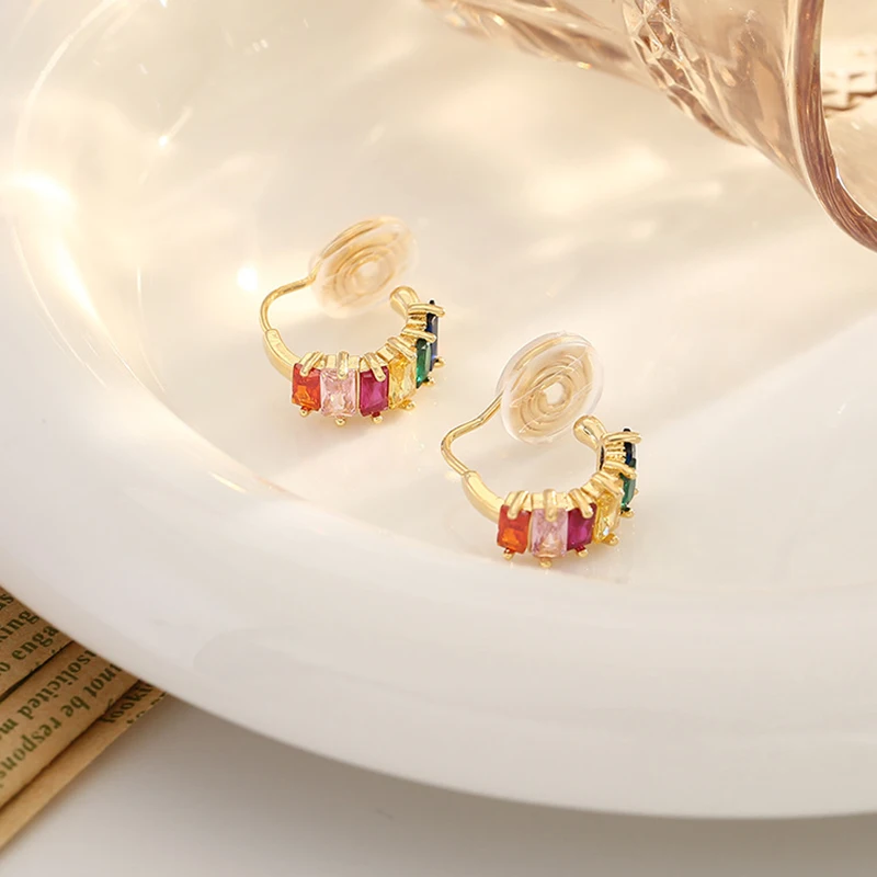 Ins New Fashion Colorful Zircon Clip on Hoop Earrings for Women Luxury Round Circle Non Pierced Earrings 2023 Trending Jewelry