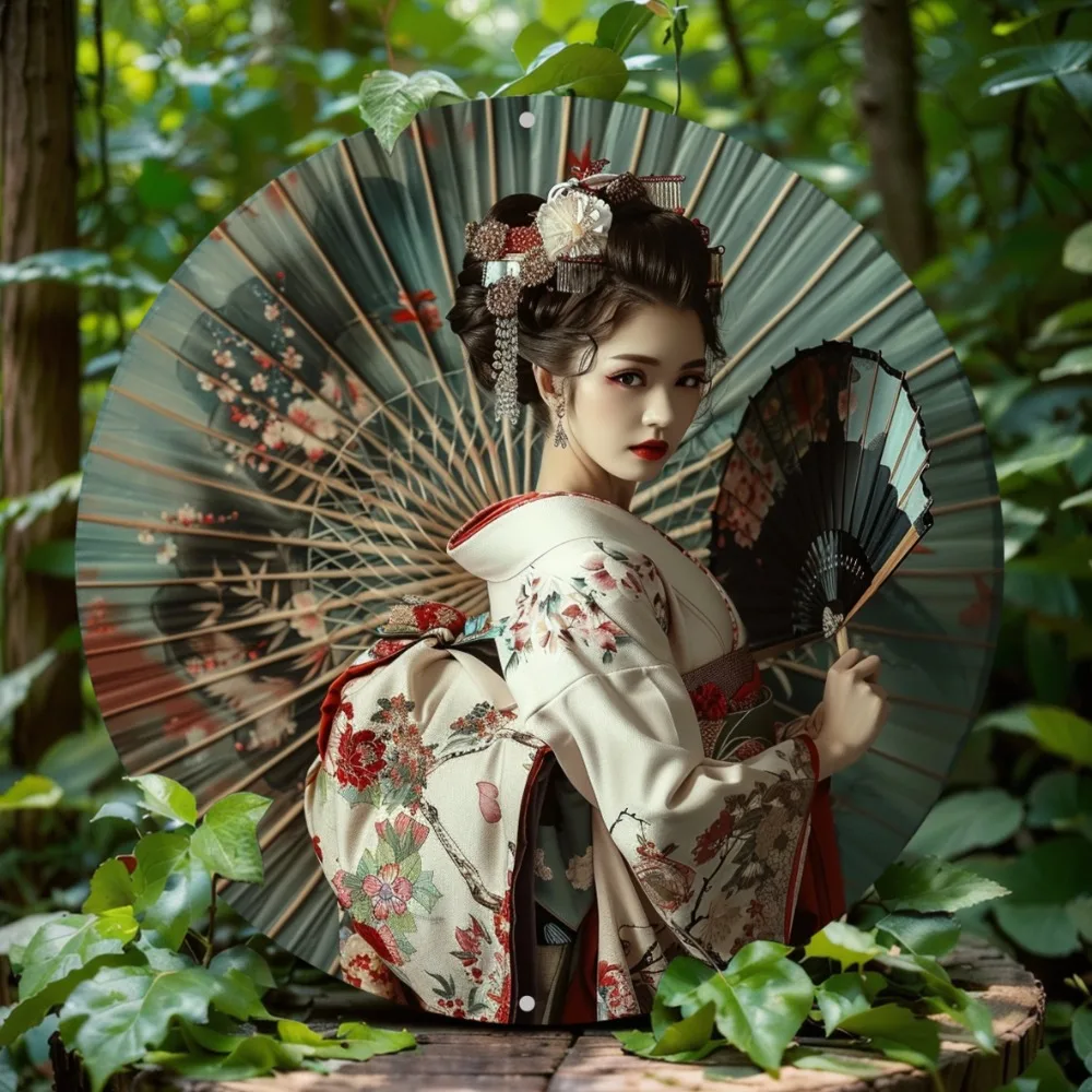 

"Timeless Elegance" Charming Kimono Woman & Umbrella Round Aluminum Wall Art - Perfect for Home, Office Decor & Gifts