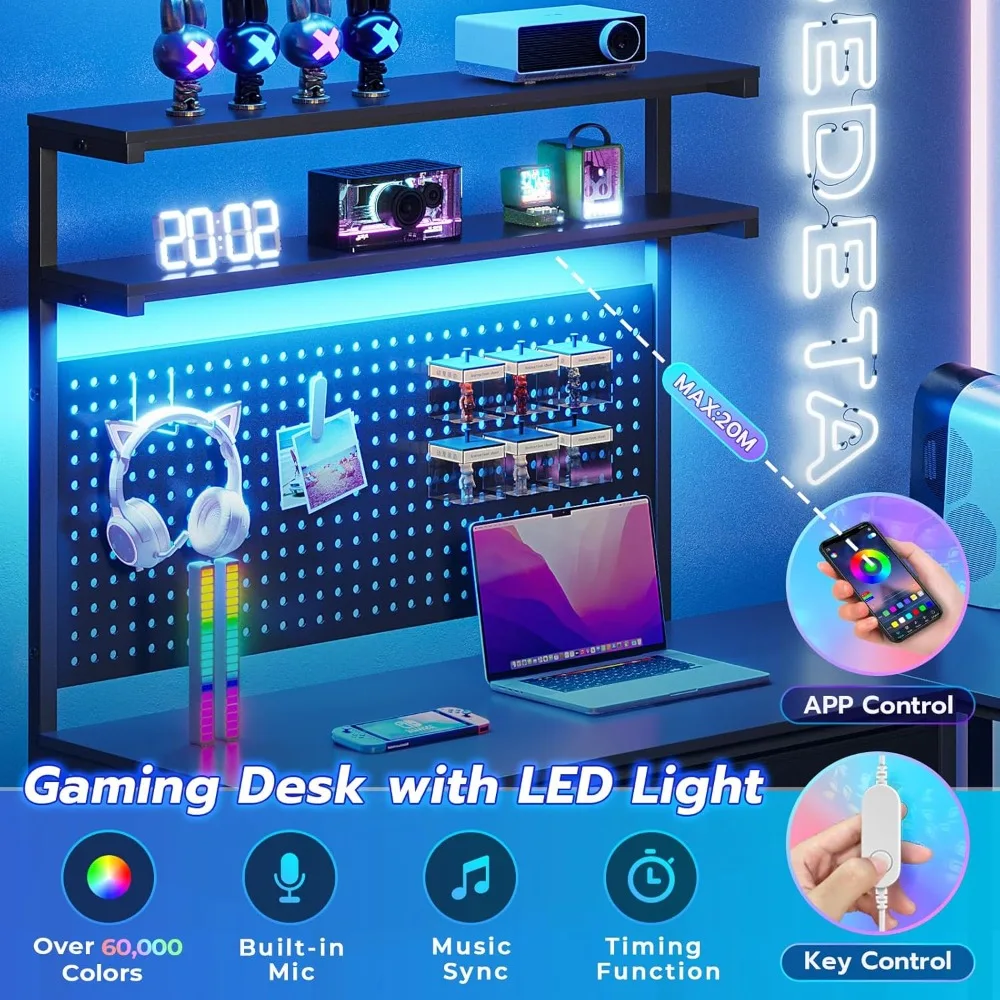 L Shaped Gaming Desk with LED Lights, Pegboard and Drawers, Gaming Desk with Hutch, Computer Desk with Monitor Stand