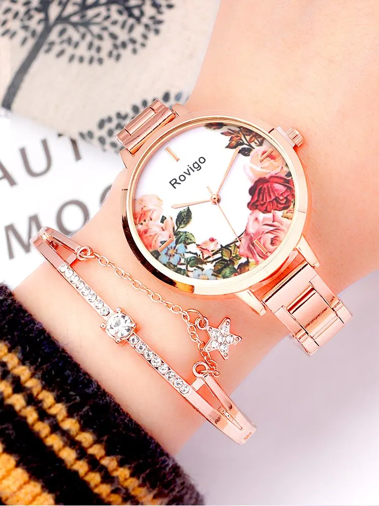 3PCs Women\'s Fashion Flower Plant Round Steel Band Quartz Watch+Diamond Star Bracelet Combination Set