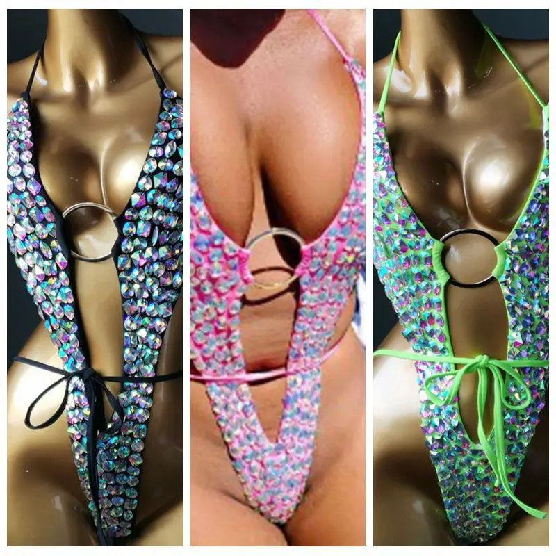 2024 Crystal Diamond Women Swimsuit Luxury Rhinestone One Piece Swimwear Sexy Backless Lace-Up Shiny Bling Bathing Suit