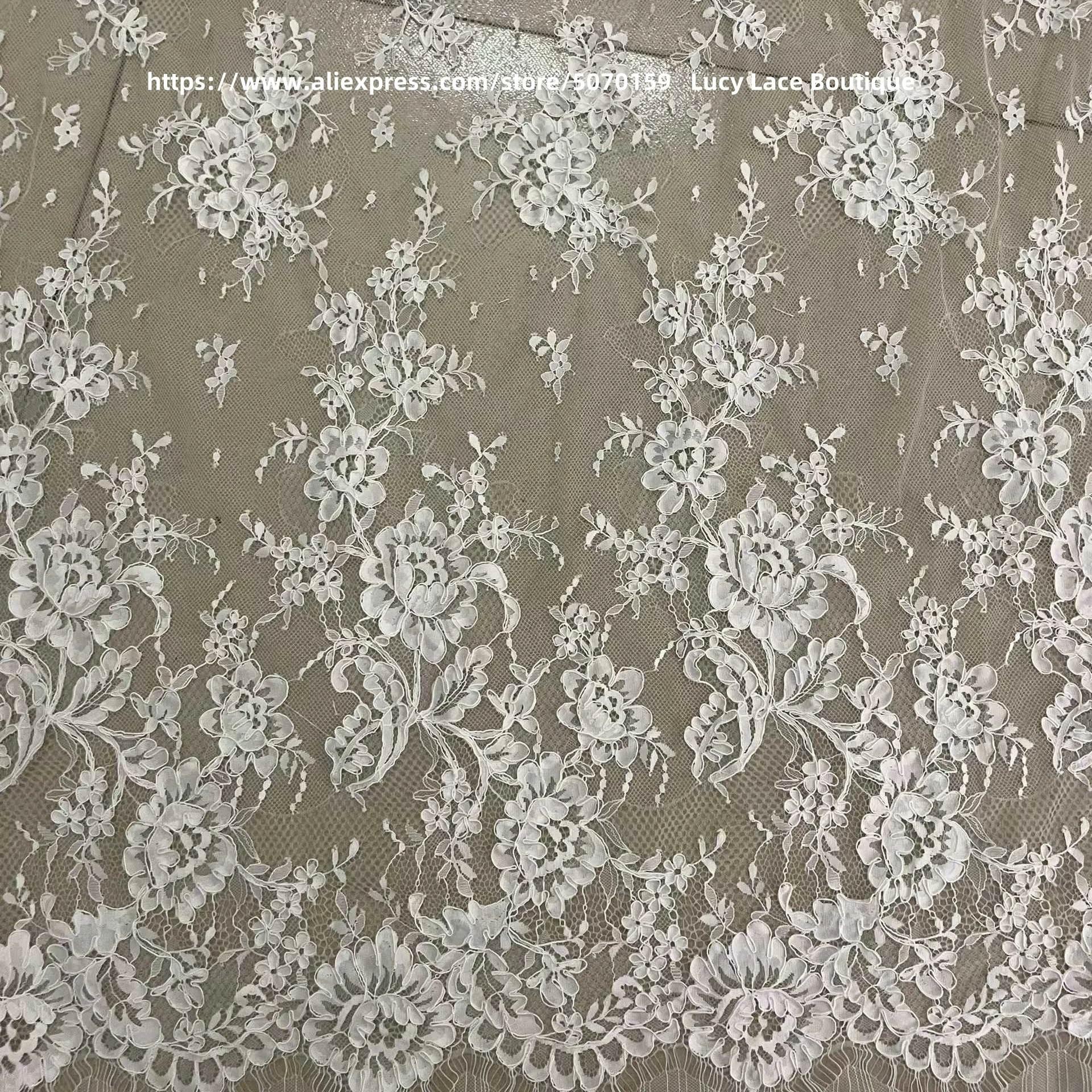 1.5M Wide 3M Long Border Line Exquisite Handcrafted Corded Lace Fabric Off White Eyelash French Lace Bridal Gown Lace J83117089