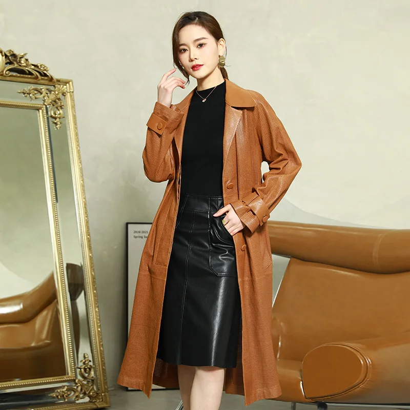 Genuine Sheepskin Leather Suede  Coat Spring Summer Women Trench Slim Outerwear Suit LF2330SF