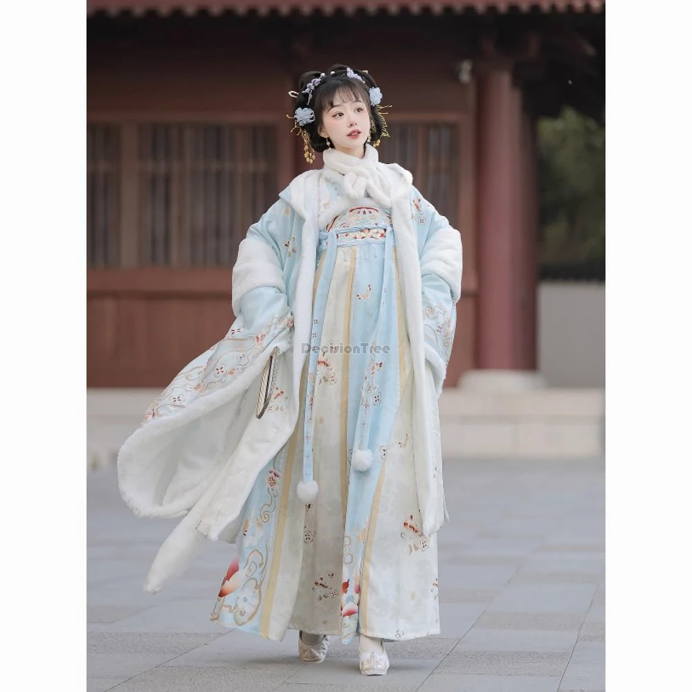 

2025 winter improved women chinese tang dynasty princess hanfu printed large sleeve shirt warm top skirt loose retro hanfu set