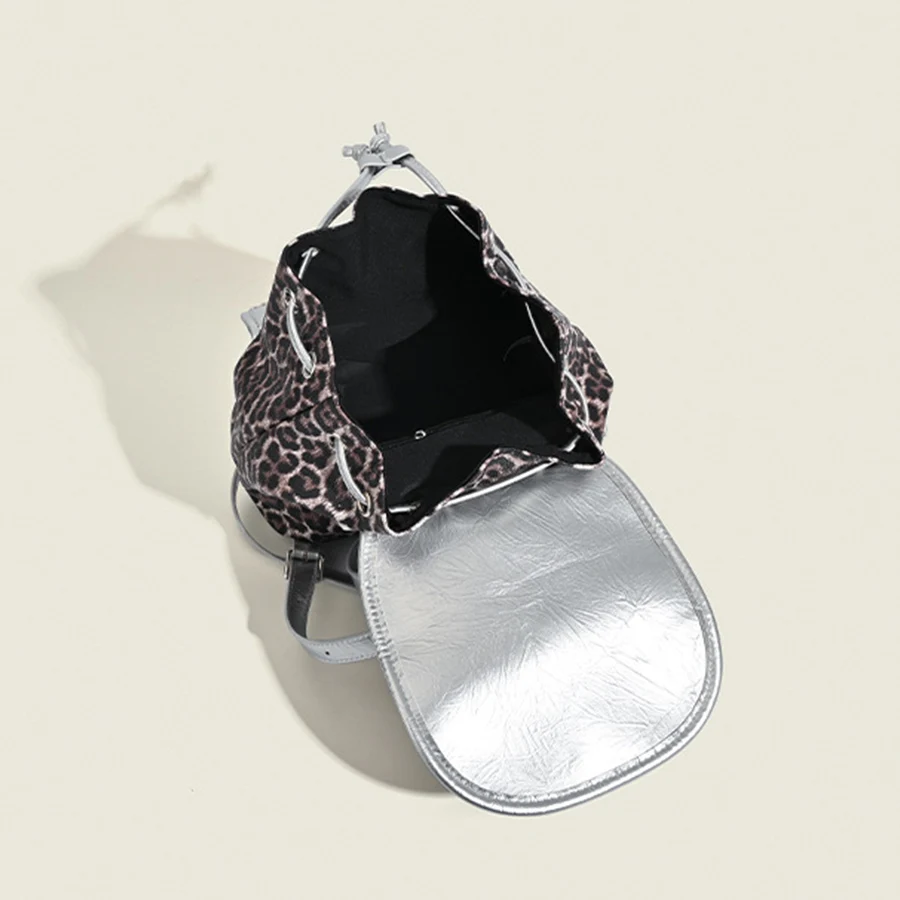 Fashion pu+leopard print Women Backpack Large drawstring schoolbag for Teenagers Girls Travel Designer commuter shoulder bagpack