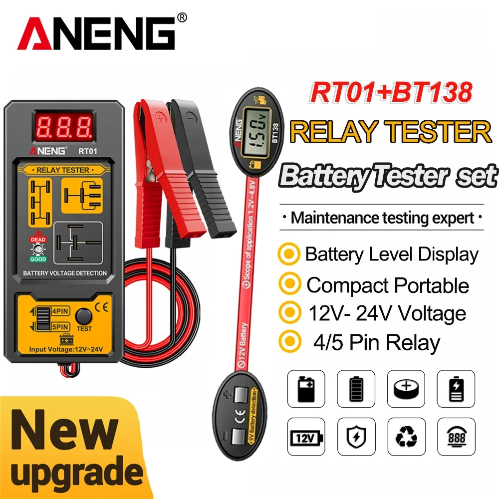

12V/24V Car Battery Relay TesterAuto Diagnostic Kit ANENG RT01 +BT138 Lith-Battery Tester Voltage Meter Electrician test Tools