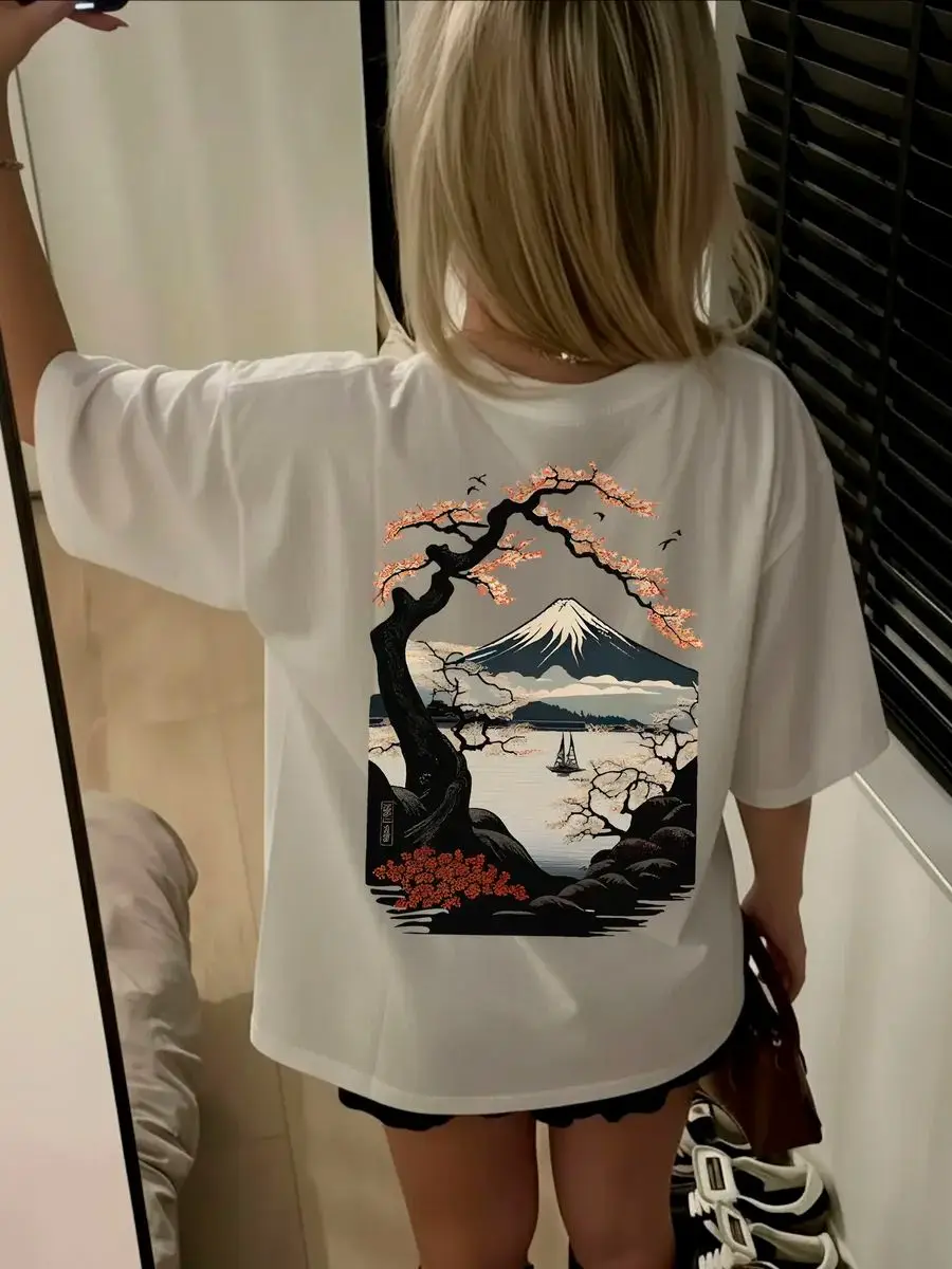 Japanese Landscape Painting Pattern Men's Retro Street Culture Print Casual Oversized Loose Short Sleeved Unisex Street Top