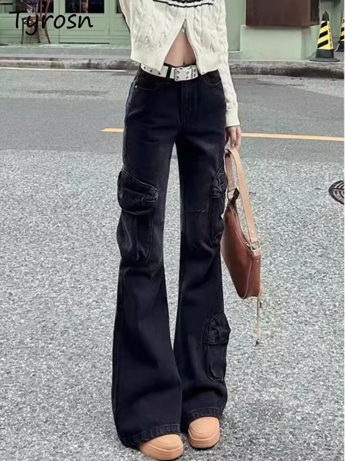 

Джинсы-карго, женские черные брюки в американском стиле ретро, осенние пикантные брюки для девочек с несколькими карманами и высокой талией, узкие прямые брюки полной длины