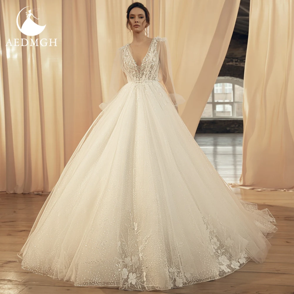 Aedmgh A-Line Romantic Wedding Dresses V-Neck Detachable Long Sleeve Robe De Mariee Lace Beaded Backless Custom Made Bridal Gown