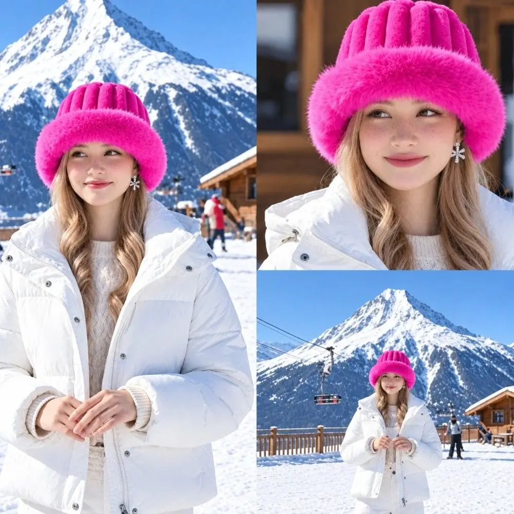 Vertical Texture Striped Fur Hat Fleece Lining Faux Fur Brim Plush Trapper Hats Thermal Insulation Windproof