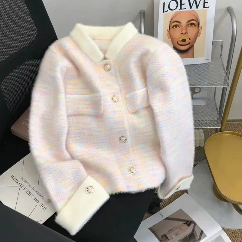 2025 New Autumn Winter Women Knit Cardigan Faux Mink Fur High Quality Thick Lapel Coat Elegant Sweater Top