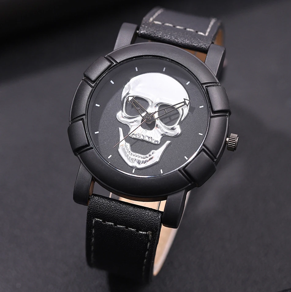 

UTHAI L35 Watch For Men Fashion Quartz For Skull Black Technology Black Leather Sports Male relay Large Dial Watches