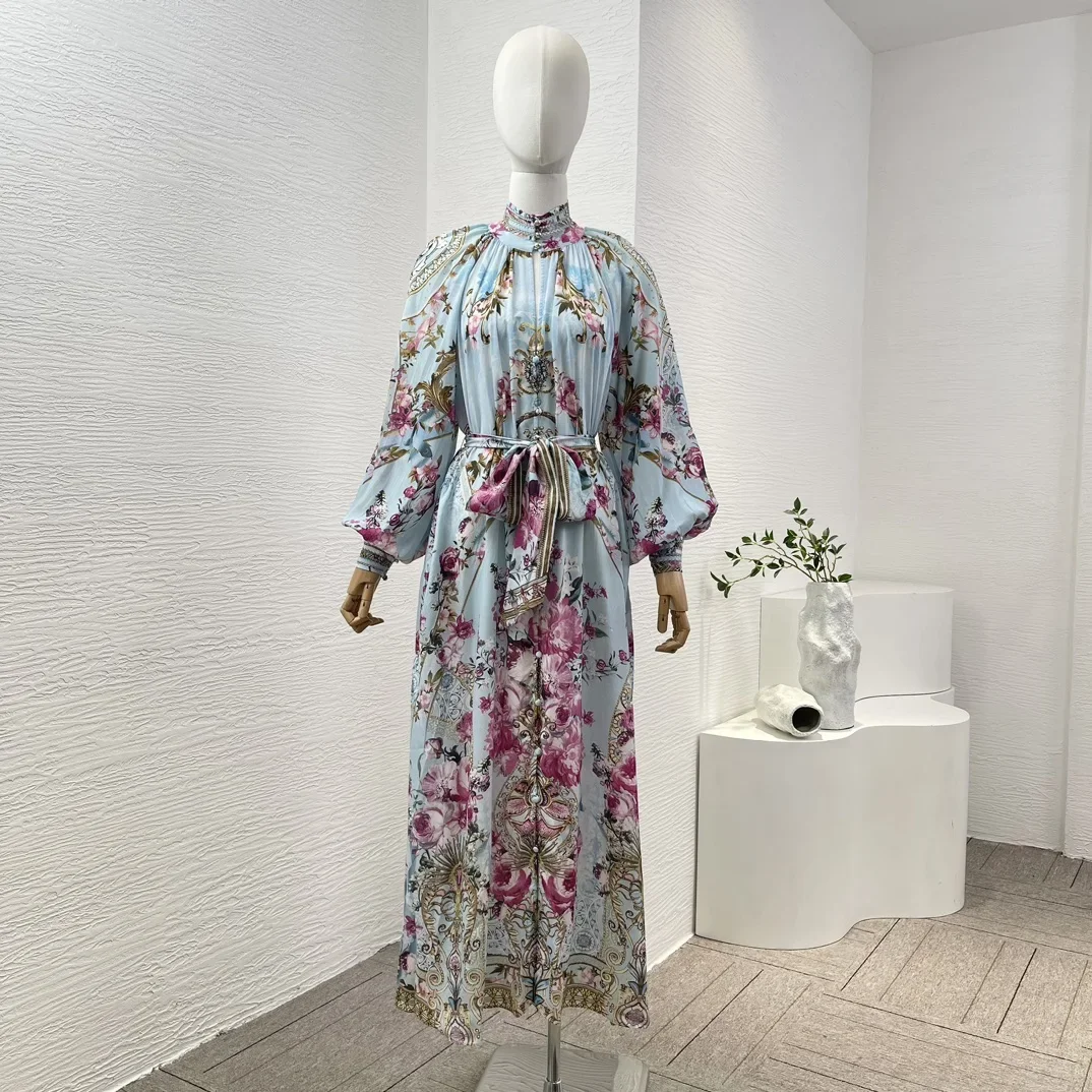 

2024 New High Quality Women Vintage Sky Blue Floral Print Long Sleeve Diamonds Closure Midi Dress