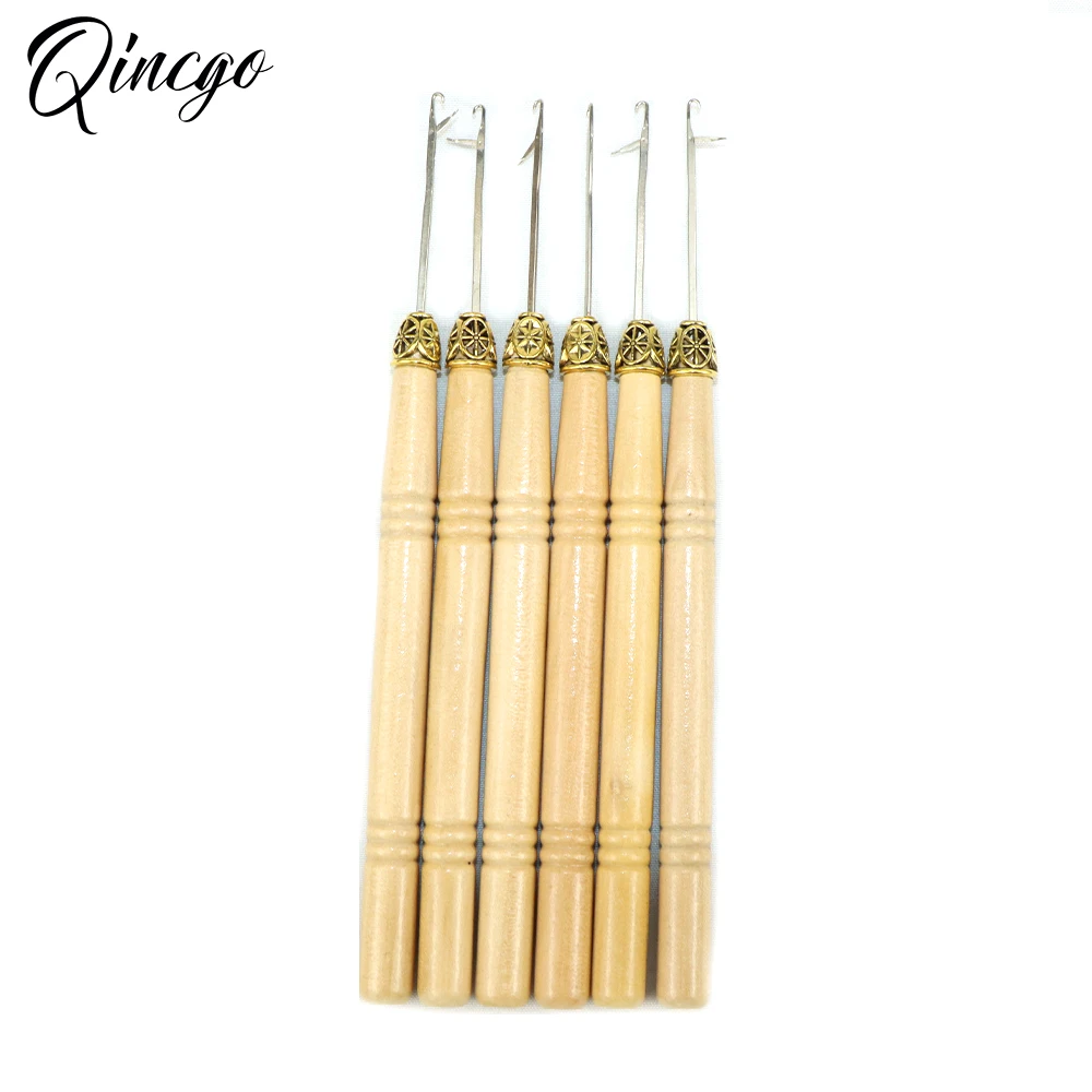 6pcs Wooden Handle Hook Needle Pulling Hook Crochet Hair Extension Loop Needle Threader Wire Tool for Silicone link Rings Beads