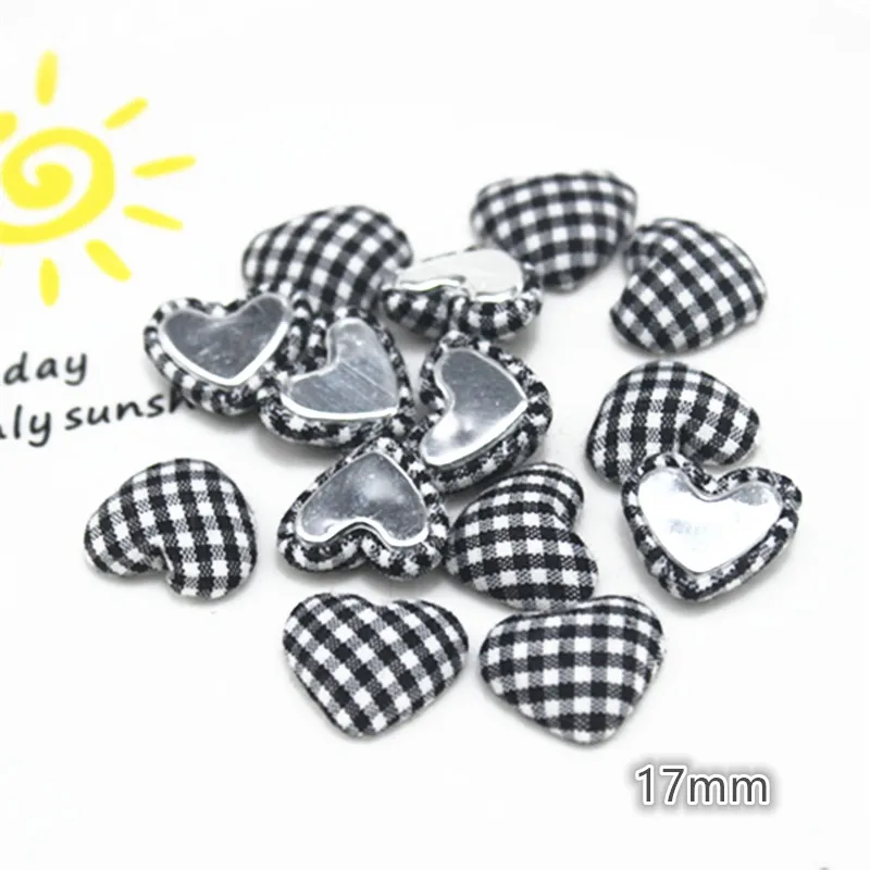 50pcs 17mm Black+White Lattice Fabric Covered Heart Buttons Home Garden Flatback Cabochon Crafts Scrapbooking DIY