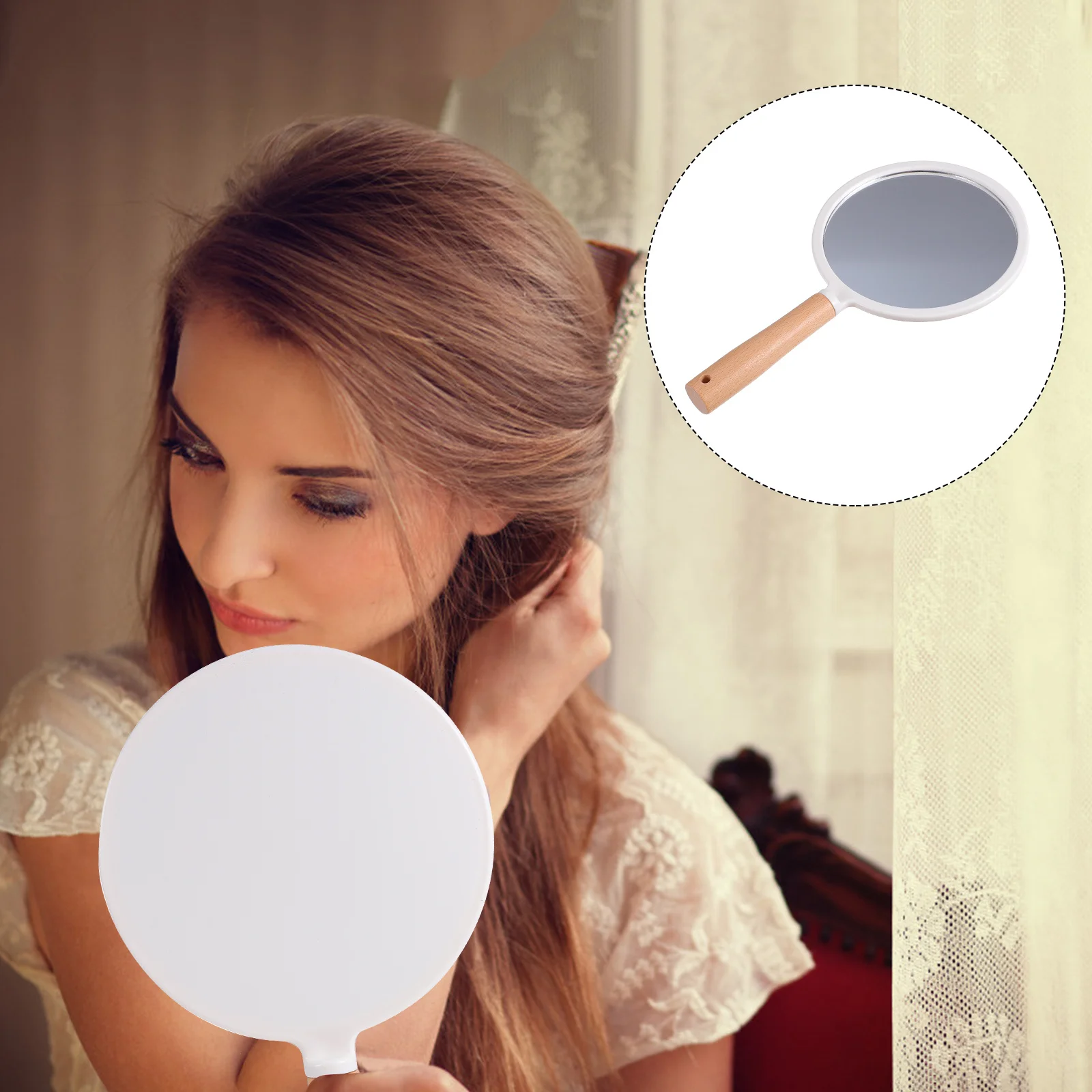 مرآة مكياج بمقبض خشبي مريح، سطح مقاوم للخدش، رائع للسفر والاستخدام اليومي، مرآة مكياج حلاق #1