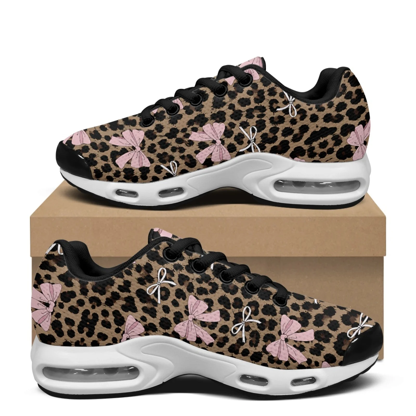 PENSTROLL Leopard Print Bow Air Cushion Sneakers Lightweight Mesh Walking Shoes for Men Soft Sole Shock Absorption Running Shoes