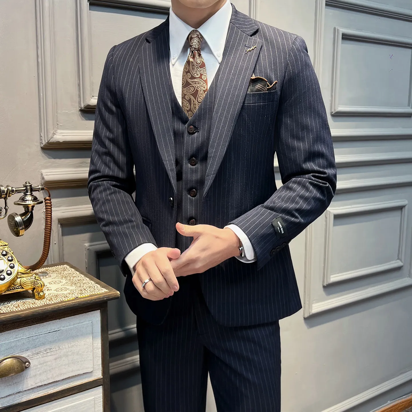 High-Quality Men's Stripe Suit Set Casual Wedding Party Business One-Button Three-Piece Suit Trendy Leisure Wedding Outfit