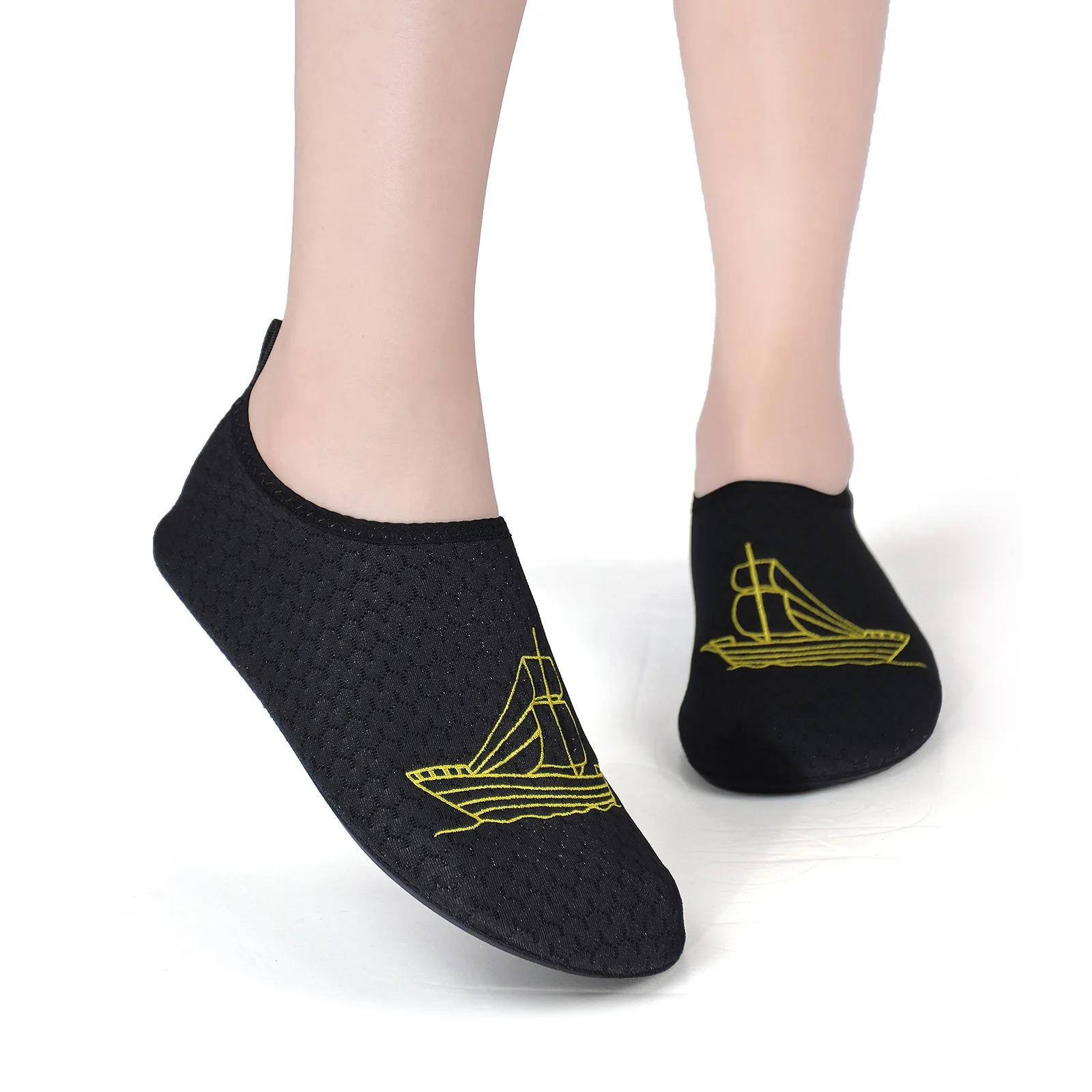Summer Aqua Socks, Black Footwear with Yellow Sailboat Print for Kids' Activities