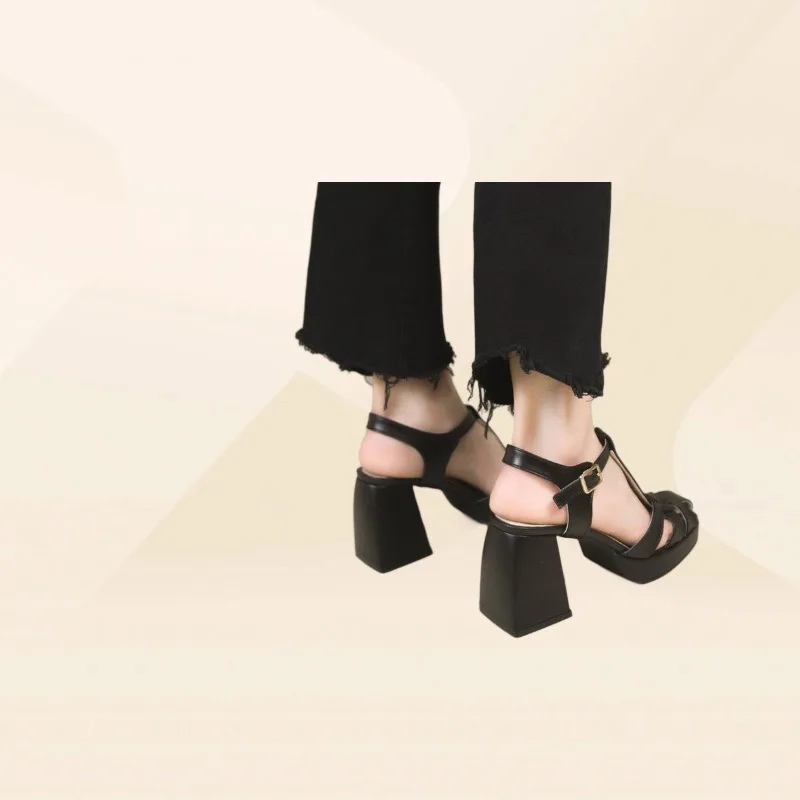 Brown High Heels Women Weave Hollow-out Roman Pumps Fashion Square Head Coarse Following Buckle Strap Sandals Female Dress Shoes