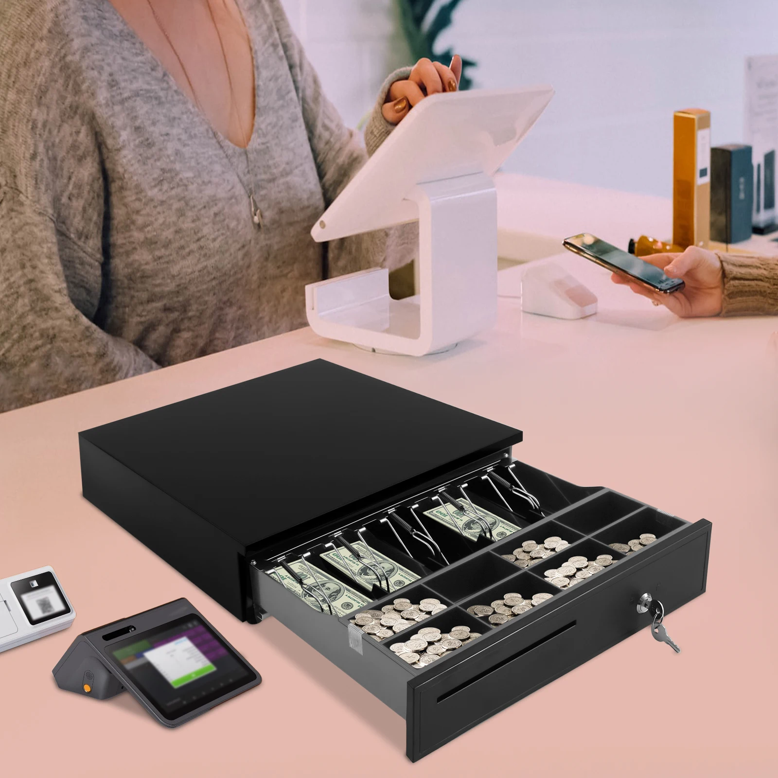 Black Eight Grid Cash Box 405 Cash Register Drawer Cash Register Drawer With 3-Position Lock For Hotels Supermarkets Hospital