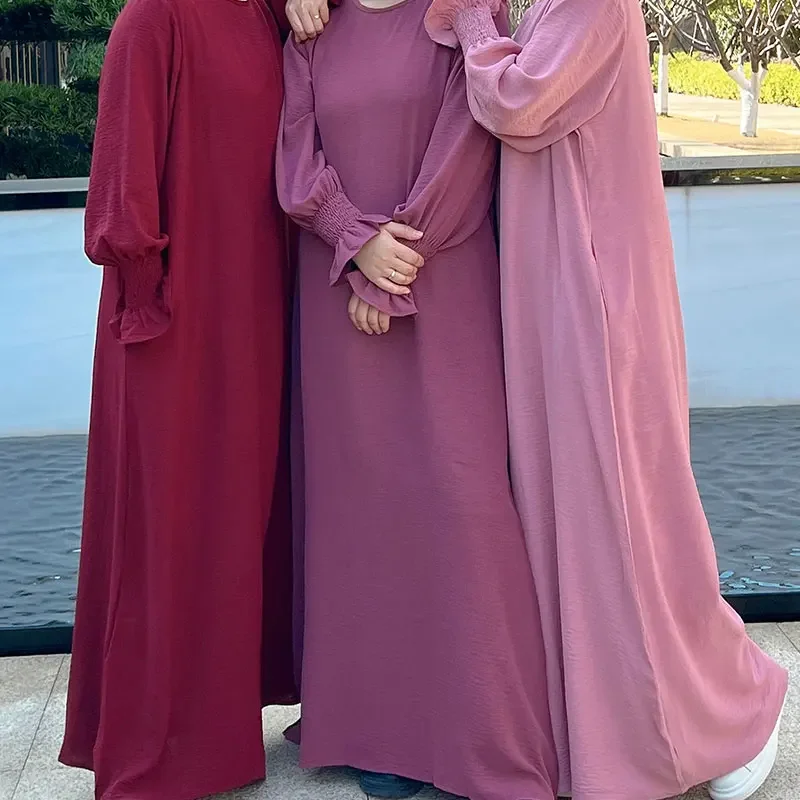 Ramadan One Piece Abaya Dress Elastic Wrists Frill Cuff Modest Prayer Maxi Dresses Crepe Abayas for Women Dubai Islamic Clothing