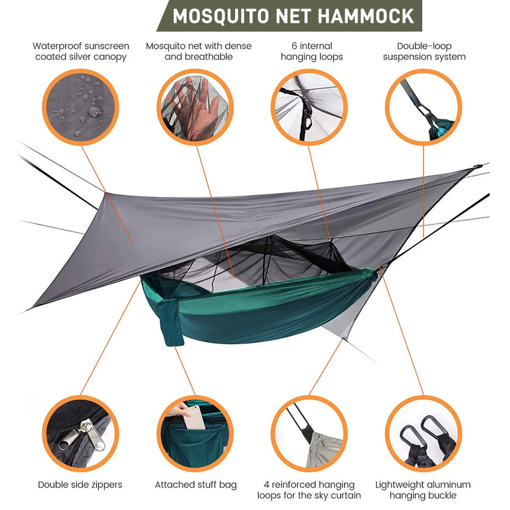 Double Camping Hammock com Mosquiteiro e Rain Fly Tarp, Lightweight Parachute Hammocks para Viagens, Caminhadas, Outdoor, 260x140cm