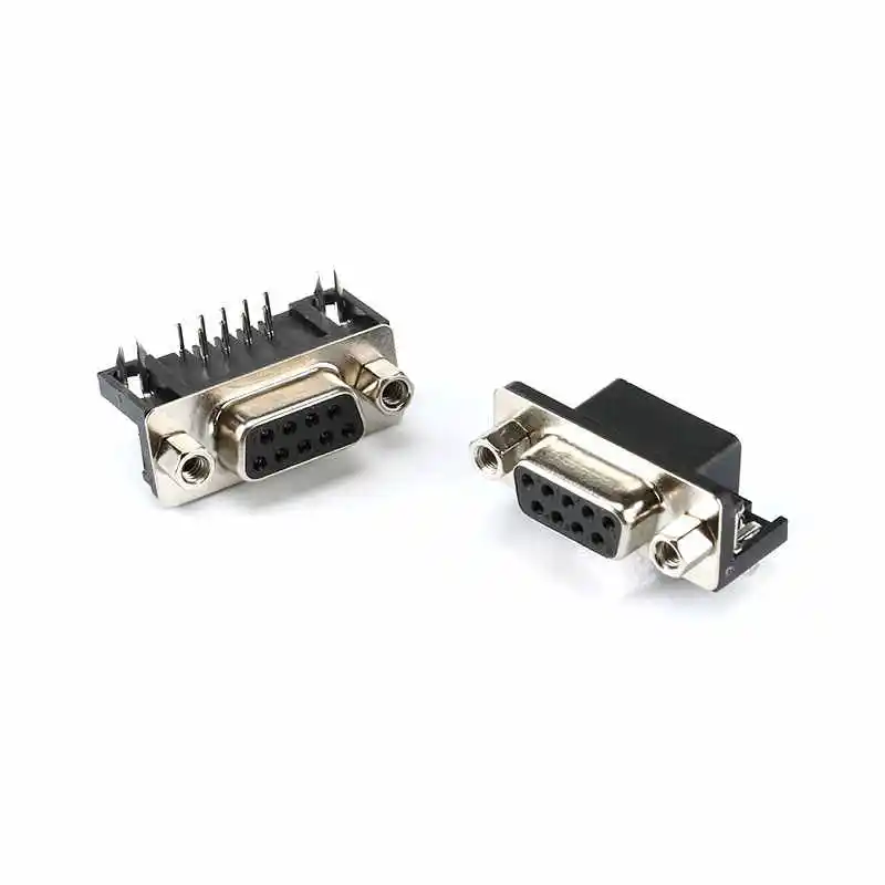 DR9/15/25 plug and socket, male/female, 9/15/25 pins, series/parallel port, 90-degree bent pins, board-mounted type