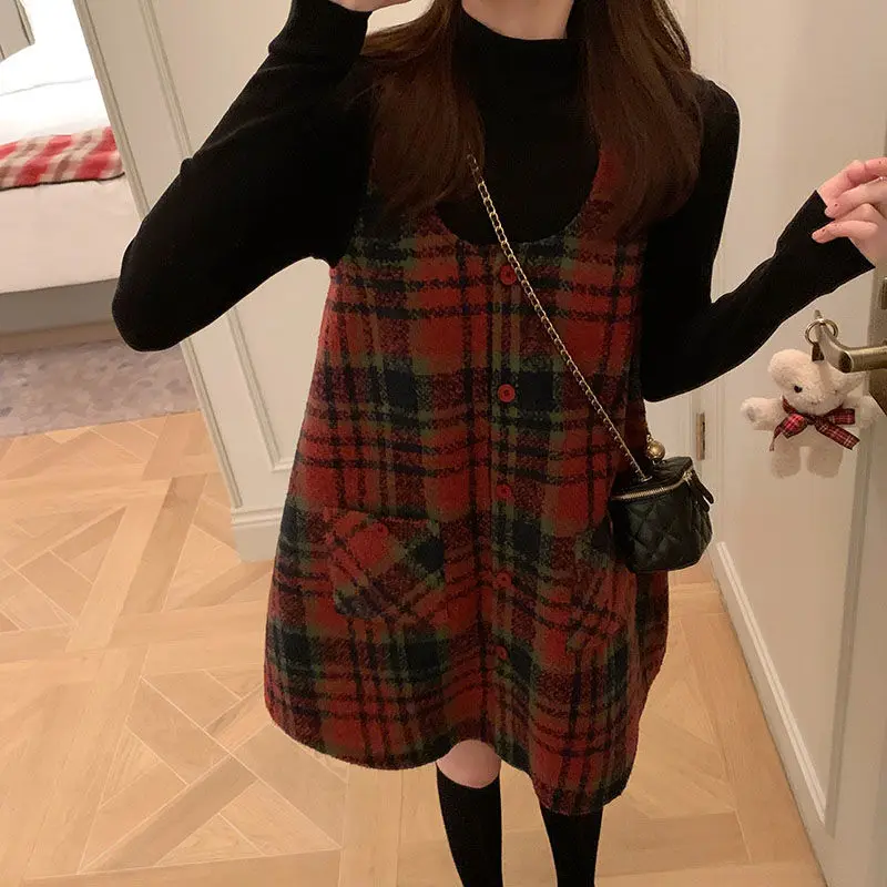 2023 New Casual Women's Clothing Two-piece Suit Autumn Winter Thin Plaid Printing Long Dress Fashion Loose Ladies Dress Sets